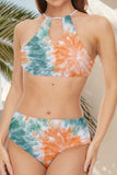 Black Printed Two Piece Halter Swimsuits