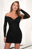 Sparkly Black V Neck Bodycon Long Sleeves Cocktail Dress with Beaded