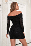 Sparkly Black V Neck Bodycon Long Sleeves Cocktail Dress with Beaded