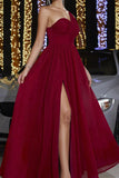 Burgundy A-Line One Shoulder Ruched Long Prom Dress with Slit