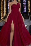 Burgundy A-Line One Shoulder Ruched Long Prom Dress with Slit