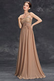 Simple Khaki A-Line Strapless Chiffon Long Prom Dress