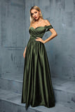 Army Green Off the Shoulder Satin A-Line Long Prom Dress