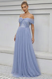 Blue Tulle Off the Shoulder A Line Formal Dress