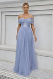 Blue Tulle Off the Shoulder A Line Formal Dress