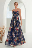 Printed Floral Navy Strapless A Line Long Formal Dress