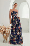 Printed Floral Navy Strapless A Line Long Formal Dress