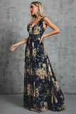 Navy V Neck A Line Printed Flower Chiffon Formal Dress