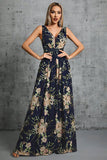 Navy V Neck A Line Printed Flower Chiffon Formal Dress