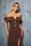 Sparkly Coffee Off the Shoulder Ruffled Sheath Formal Dress with Slit