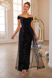 Black Mermaid Off The Shoulder Sequin Long Formal Dress With Tulle