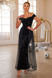 Black Mermaid Off The Shoulder Sequin Long Formal Dress With Tulle