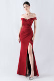 Burgundy Mermaid Off The Shoulder Long Formal Dress With Slit