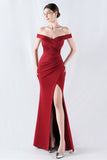 Burgundy Mermaid Off The Shoulder Long Formal Dress With Slit