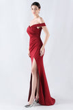 Burgundy Mermaid Off The Shoulder Long Formal Dress With Slit