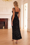 Black Mermaid Corset Spaghetti Straps Sequin Long Formal Dress