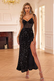 Black Mermaid Corset Spaghetti Straps Sequin Long Formal Dress