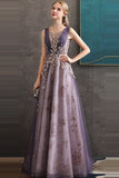 Purple A Line Round Neck Tulle Long Formal Dress