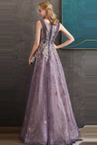 Purple A Line Round Neck Tulle Long Formal Dress