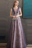 Purple A Line Round Neck Tulle Long Formal Dress