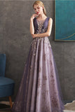 Purple A Line Round Neck Tulle Long Formal Dress