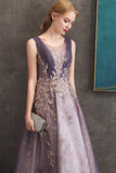 Purple A Line Round Neck Tulle Long Formal Dress