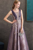 Purple A Line Round Neck Tulle Long Formal Dress