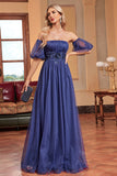 Navy A Line Removable Sleeves Pleated Long Formal Dress