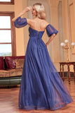 Navy A Line Removable Sleeves Pleated Long Formal Dress