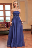 Navy A Line Removable Sleeves Pleated Long Formal Dress