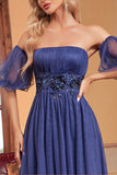 Navy A Line Removable Sleeves Pleated Long Formal Dress