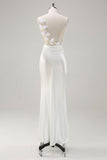 White Satin Cowl Neck Backless Formal Dress