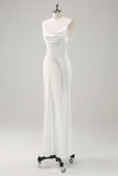 White Satin Cowl Neck Backless Formal Dress