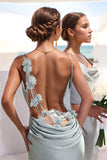 Grey Green Mermaid Spaghetti Straps Backless Long Formal Dress