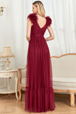 Burgundy A Line V Neck Sleeveless Tull Formal Dress