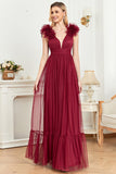 Burgundy A Line V Neck Sleeveless Tull Formal Dress