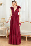 Burgundy A Line V Neck Sleeveless Tull Formal Dress