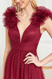 Burgundy A Line V Neck Sleeveless Tull Formal Dress