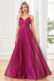 Sparkly Fuchsia A-Line Spaghetti Straps Pleated Long Formal Dress