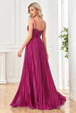 Sparkly Fuchsia A-Line Spaghetti Straps Pleated Long Formal Dress