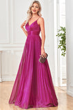 Sparkly Fuchsia A-Line Spaghetti Straps Pleated Long Formal Dress