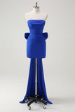 Royal Blue Strapless Short Formal Dress With Big Bow Flowing Train