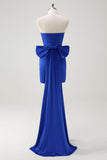 Royal Blue Strapless Short Formal Dress With Big Bow Flowing Train