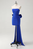 Royal Blue Strapless Short Formal Dress With Big Bow Flowing Train