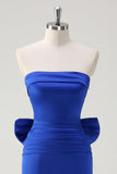 Royal Blue Strapless Short Formal Dress With Big Bow Flowing Train