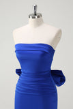 Royal Blue Strapless Short Formal Dress With Big Bow Flowing Train