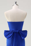 Royal Blue Strapless Short Formal Dress With Big Bow Flowing Train