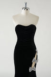 Black Strapless Velvet Sparkly Bows Long Formal Dress With High Slit (Not Gloves)