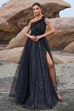 Sparkly Black A-Line One Shoulder Sequined Tulle Long Prom Dress with Slit