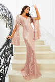 Sparkly Pink Mermaid V Neck Long Sleeves Sequin Long Formal Dress